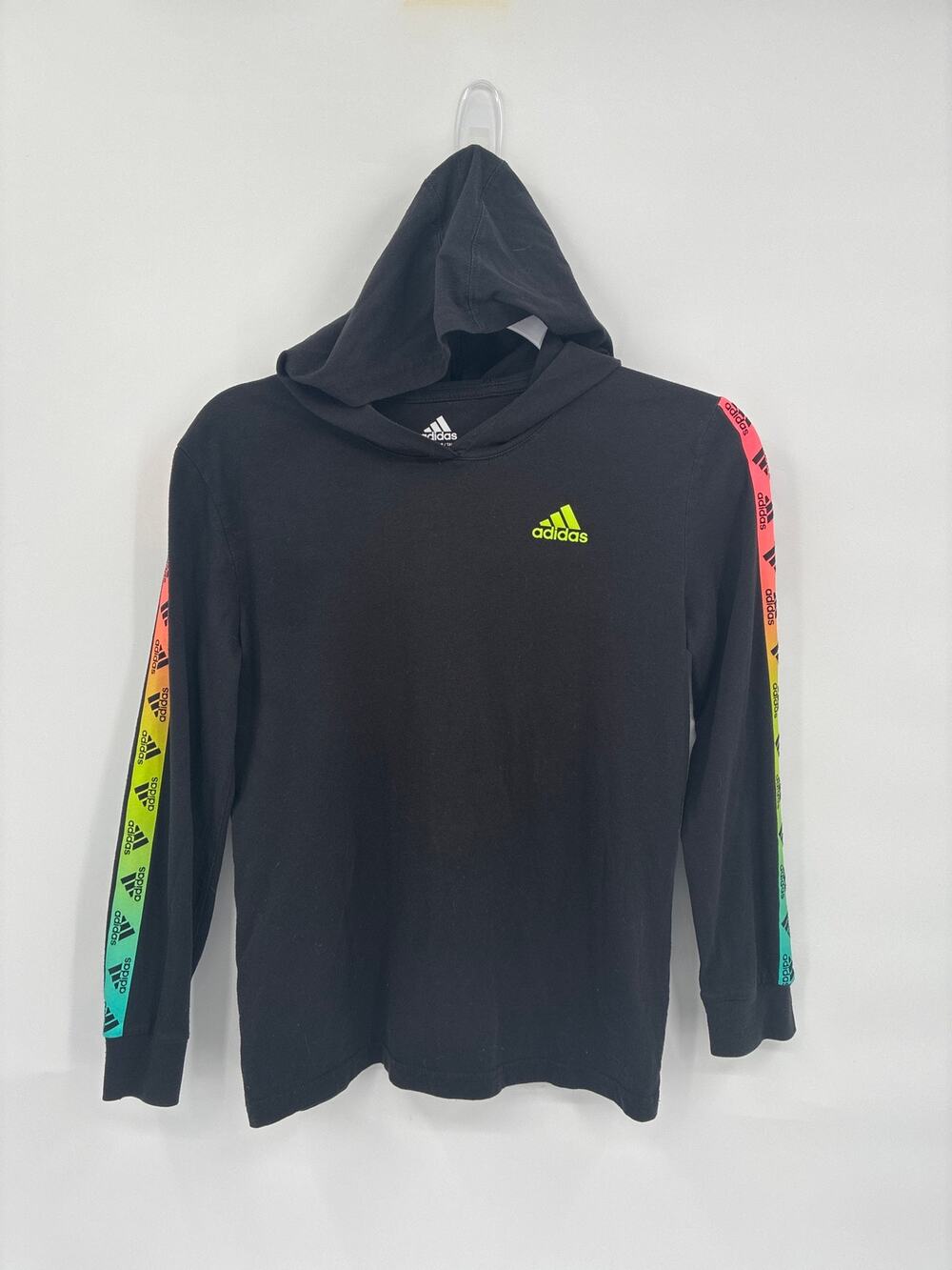 adidas black rainbow long sleeve hooded shirt Kids M 10/12
